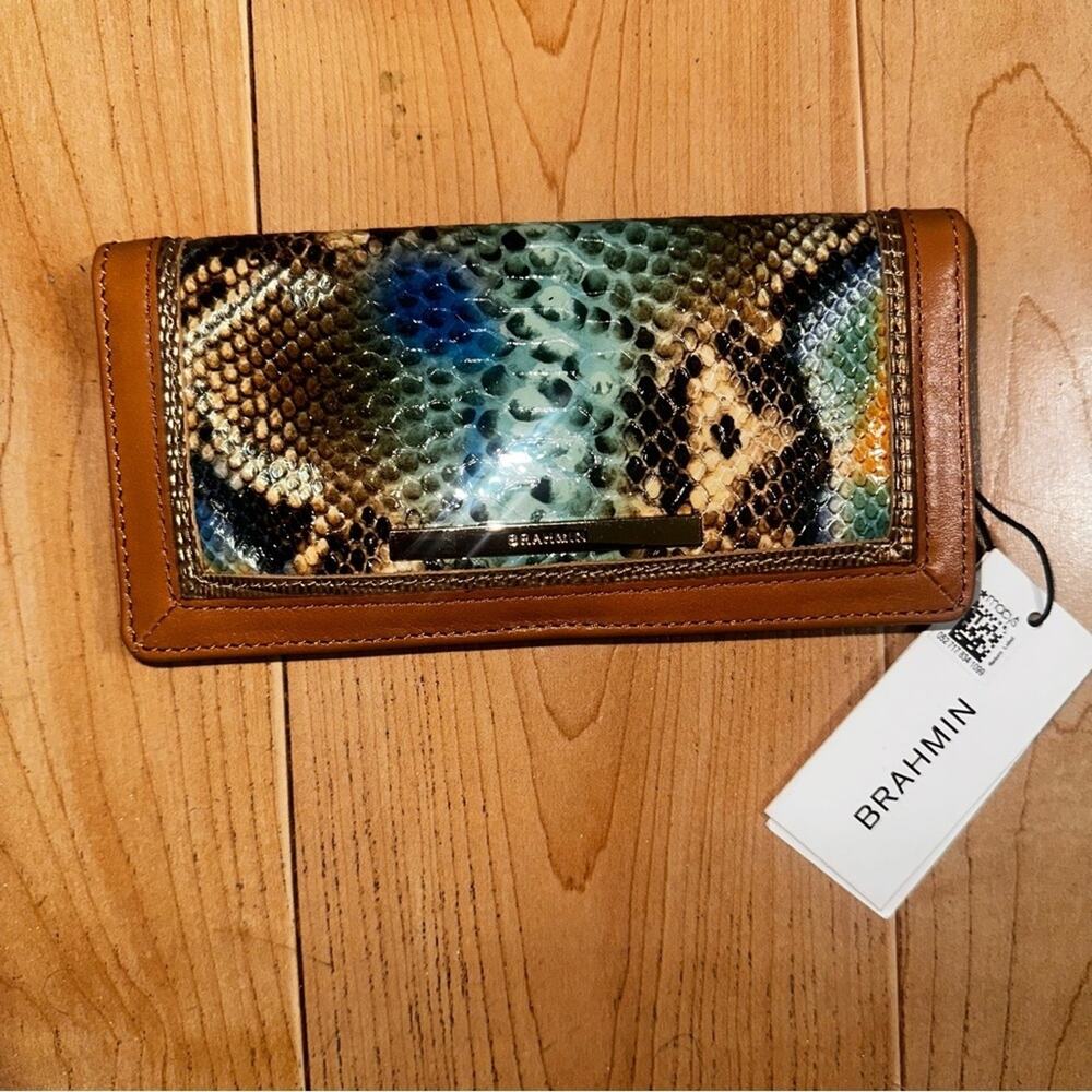 NWT Brahmin Mineral Blue Python Snake Print Carmel Leather Wallet NEW